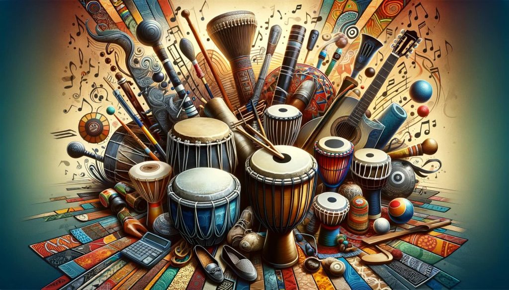 A diverse array of global musical instruments arranged together, symbolizing cultural diversity and unity.