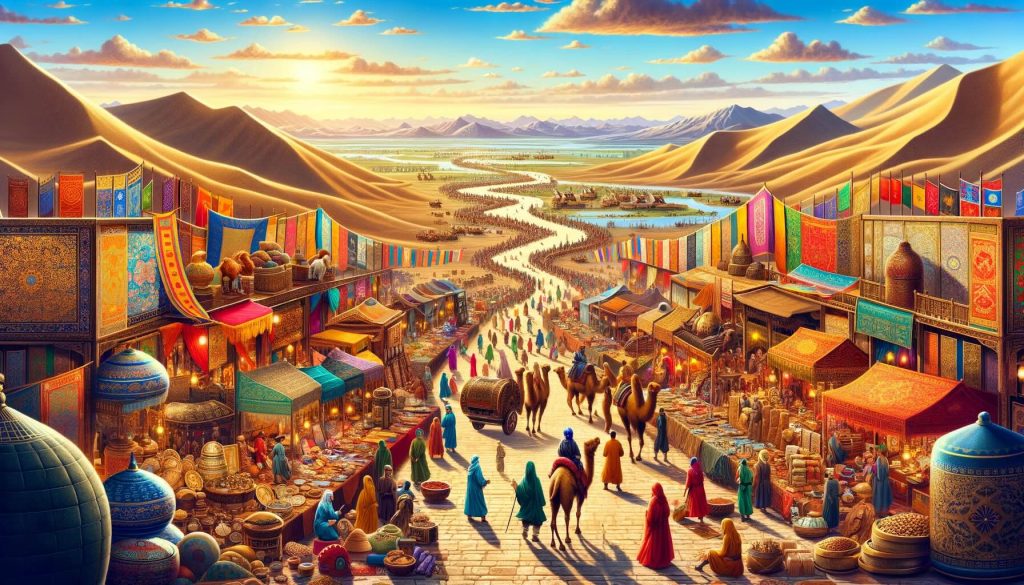 A vibrant and detailed representation of the ancient Silk Road.