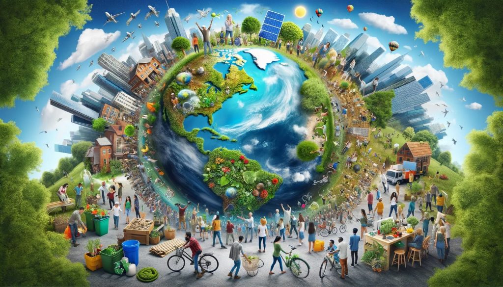 A representation of the concept of local actions leading to global environmental impact.