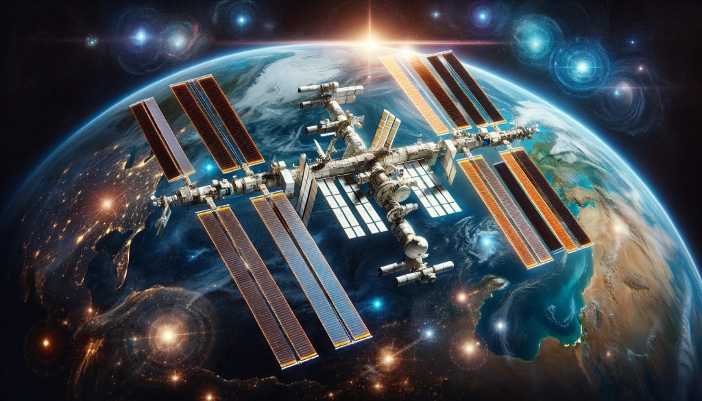 The International Space Station (ISS) orbiting Earth, capturing the essence of global unity and collaboration in space exploration.