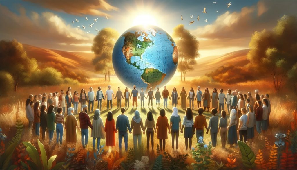 A diverse group of people of various ethnicities, ages, and backgrounds stand together in a harmonious circle in a natural landscape, during a sunrise or sunset.
