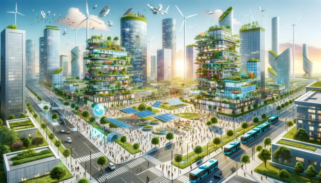 A futuristic, inclusive, and sustainable cityscape blending modern architecture with abundant green spaces.