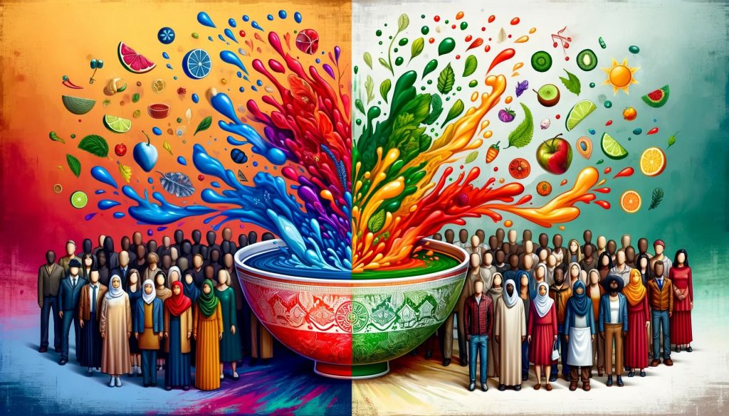 A representation of the concept of 'The Melting Pot vs. The Salad Bowl' as metaphors for societal integration and cultural diversity.