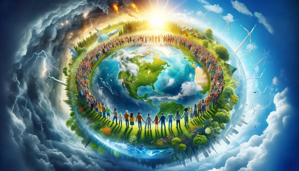 A diverse group of people from various ethnic backgrounds, genders, and ages. They are standing on a lush, green earth, holding hands, forming an unbroken chain around the globe.